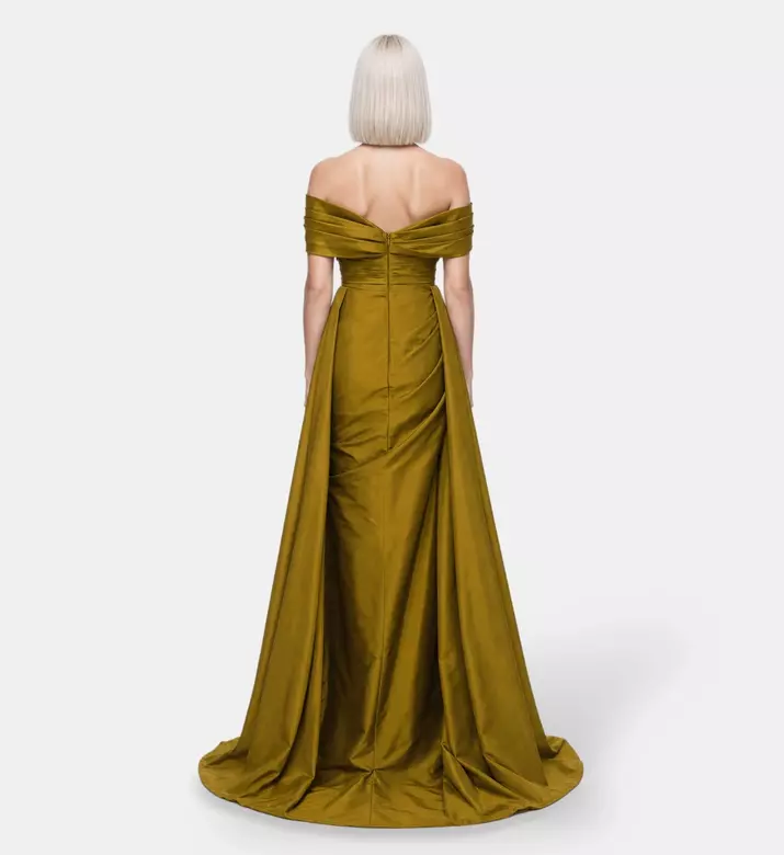 Suzy Matar Satin Off-shoulder Draped Gown, Model View
