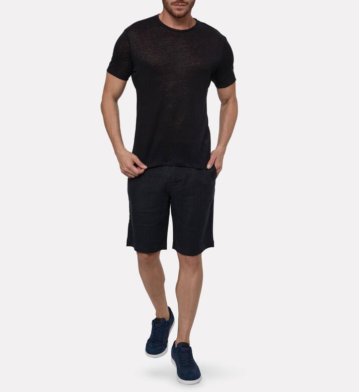 Galeries Lafayette Linen Washed-effect Crewneck T-shirt, Black, S, Model View