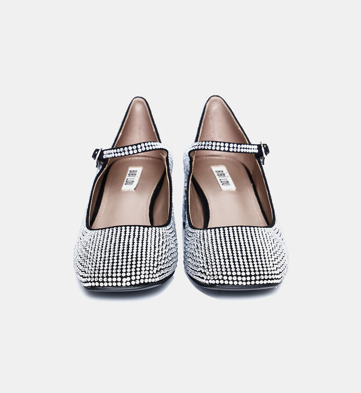 حذاء بكعب متوسط مزين بأحجار الراين بجلد سويد