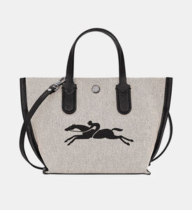 حقيبة بنمط سلة صغيرة مطرزة بشعار