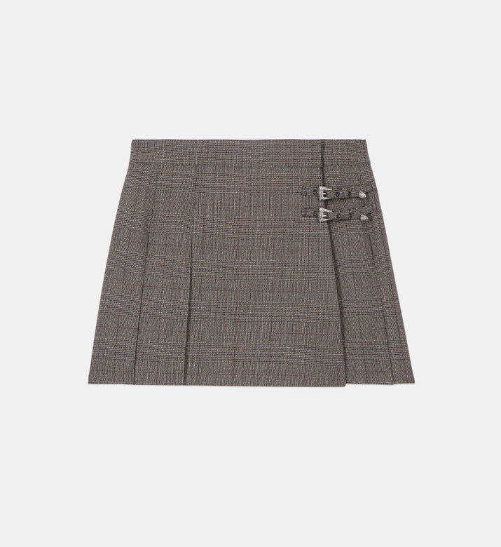 Prince Of Wales Wool Pleated Wrap Mini Skirt