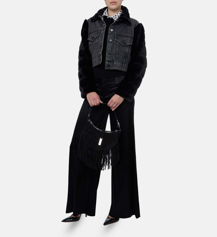 Alice and Olivia Faux Fur Long-sleeve Denim Jacket, Model View