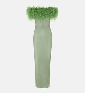 Crystal-embellished Feather Off-shoulder Maxi Dress