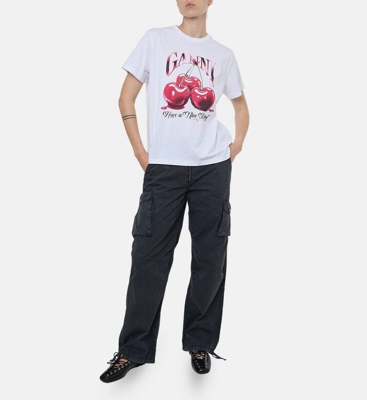 Ganni Cherry-print Regular-fit T-shirt, Model View Ganni Cherry-print Regular-fit T-shirt, Model View