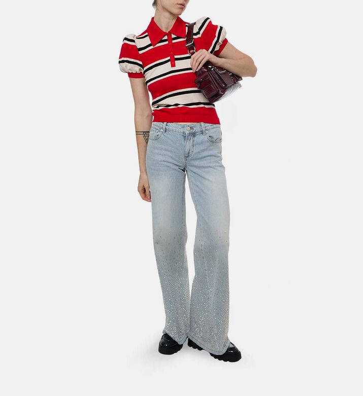 Alice and Olivia Rhinestone-embellished Wide-leg Denim Pants, Model View Alice and Olivia Rhinestone-embellished Wide-leg Denim Pants, Model View