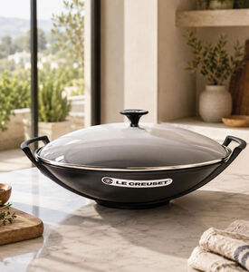 Le Creuset Cast Iron Glass Lid Wok, Black, 36-cm, Packshot View