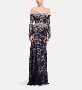 Michael Cinco Off-shoulder Lace Long Dress, Model View