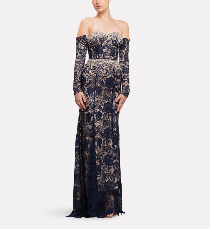 Michael Cinco Off-shoulder Lace Long Dress, Model View