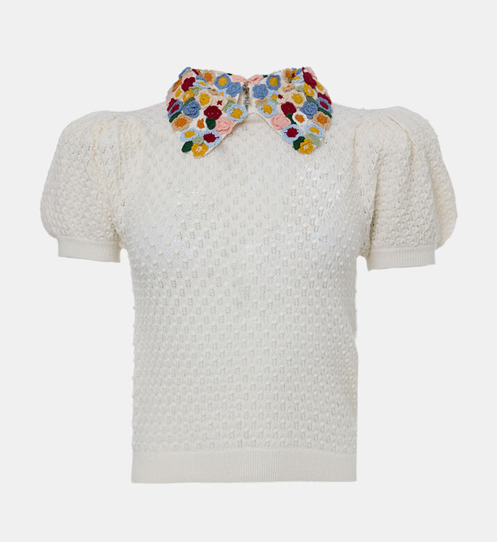 Floral-embroidery Short-sleeve Sweater