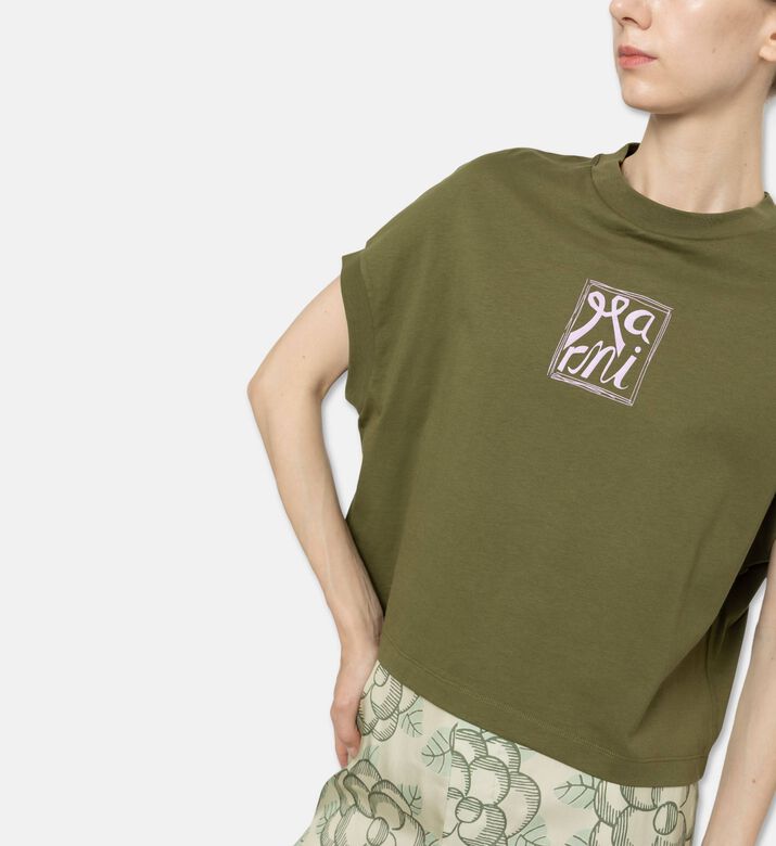 Marni Logo-print Puff Sleeve Top, Olive, 44, Model View