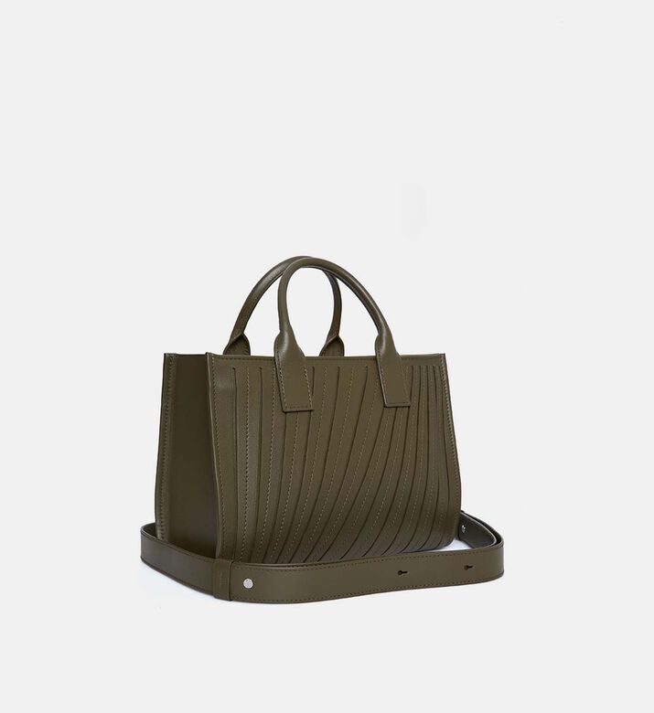 Camille Fournet Signature Calf Leather Pleated Midi Tote Bag, Khaki, Packshot View