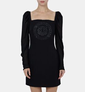 Rhinestone Logo Puffed Sleeve Mini Dress