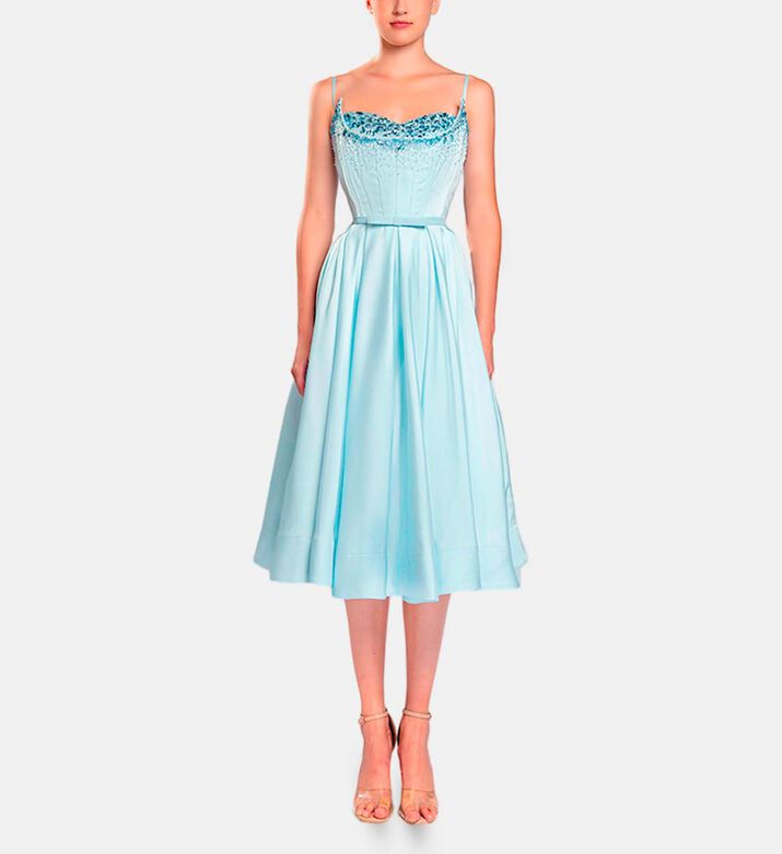 Michael Cinco Hand Beaded-embroidery Corset Midi Dress, Blue, Xl, Model View