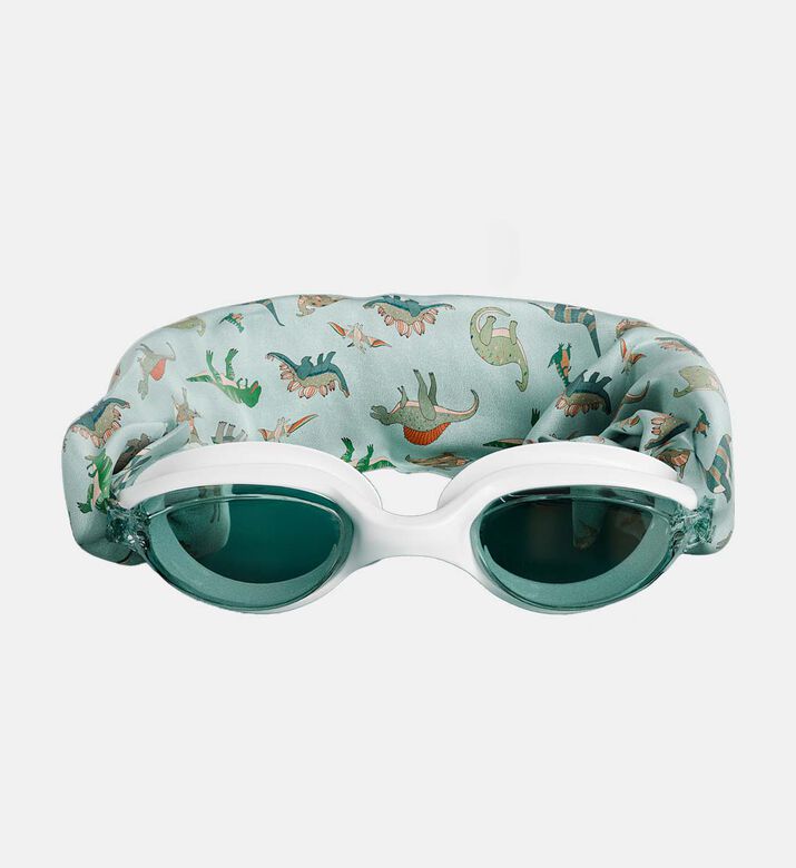 نظارة سباحة بيضاء للأطفال بشريط فائق النعومة مزينة بديناصورات خضراء