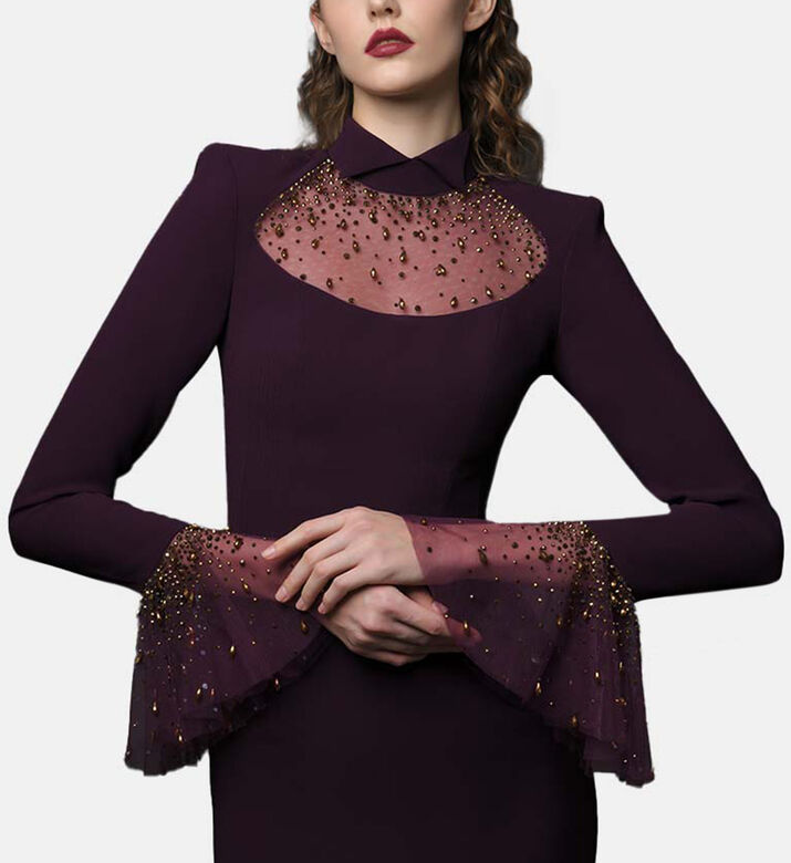 Beaded High-neck Bell Sleeve Dress