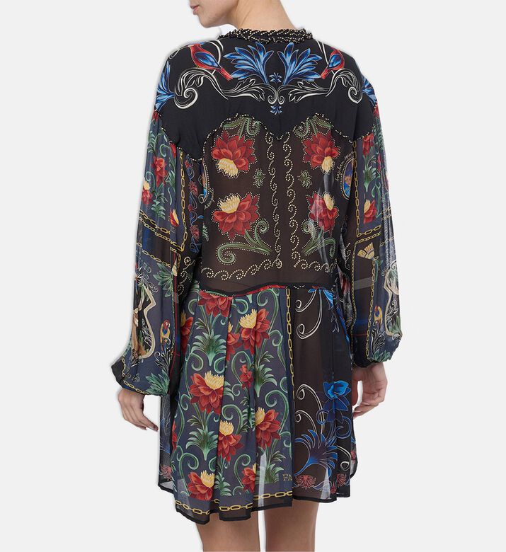 Farm Rio Mixed Arabesque Scarf Back Long-sleeve Mini Dress, Model View