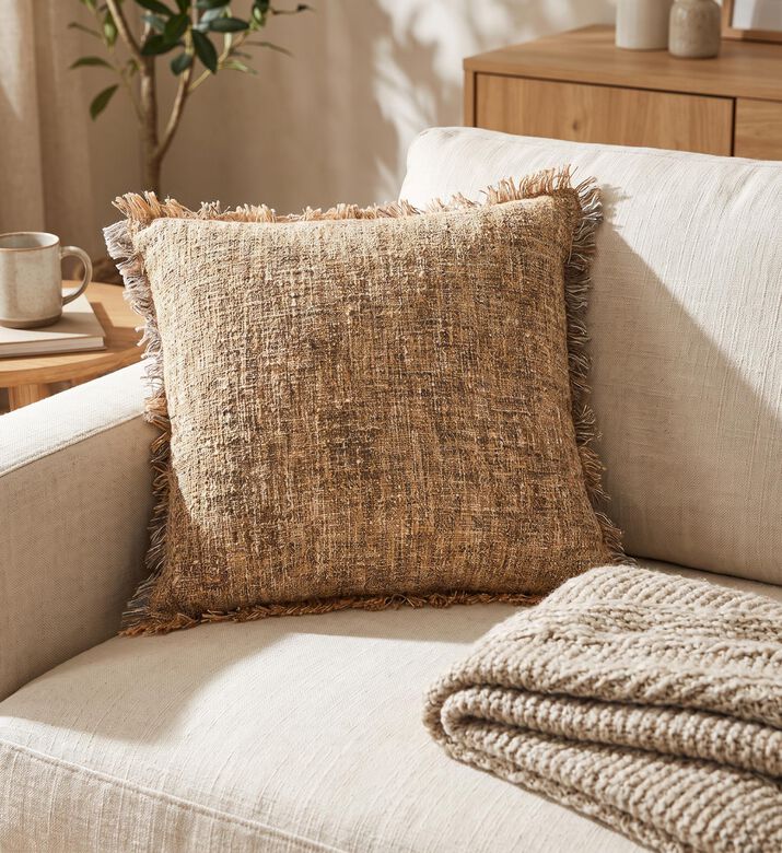 Home Deco and More Geecha Silk-cotton Blend Filled And Vaccumed Cushion, Beige, Packshot View