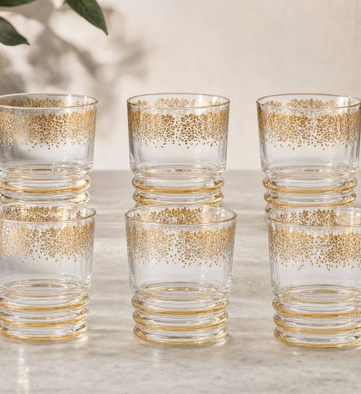 Silsal Golden Dates 6-piece Tamrah Glass Cups Set, Model View