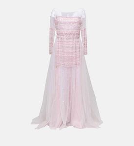Beaded Tulle Long-sleeve Dress