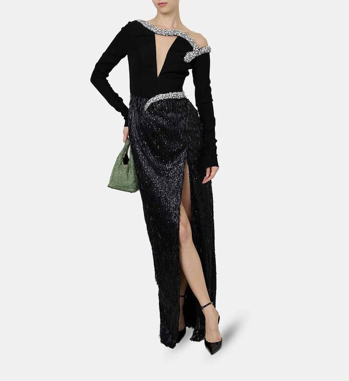 Fitted Dress With Snake-beading And Fringes Skirt