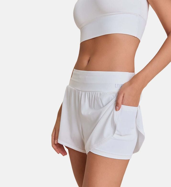 LIVE! Gathered Waist Flared Shorts, White, S, Model View LIVE! Gathered Waist Flared Shorts, White, S, Model View