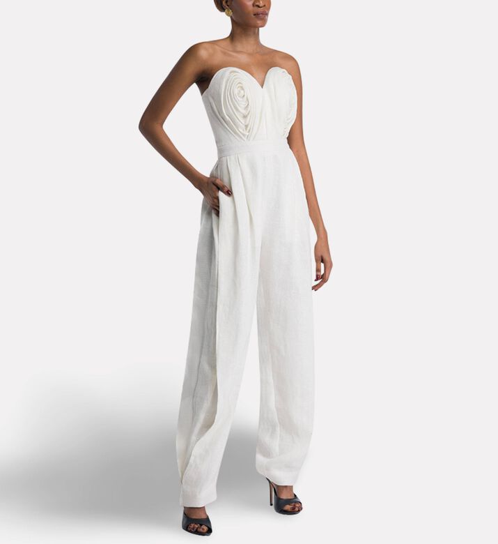 Savanna Linen Pleated Strapless Corset Jumpsuit, Model View
