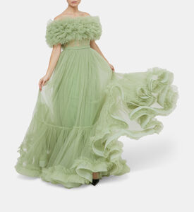 فستان تول بكورسيه مطرز بأحجار الخرز