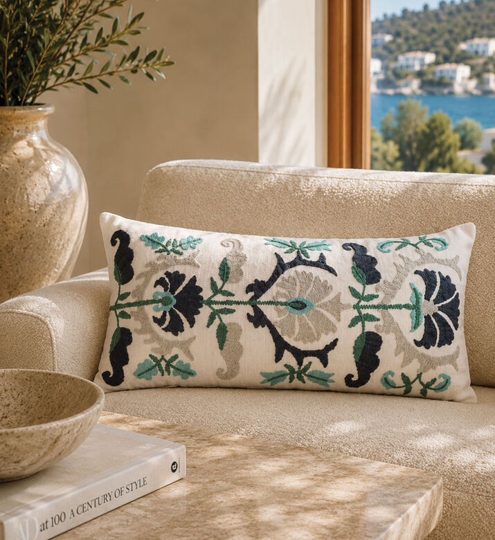 Home Deco and More Camila Embroidered Linen Throw Pillow 35x70 Cm, Packshot View