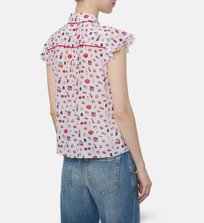 Alice and Olivia Silk Printed Flutter-sleeve Shirt, Model View