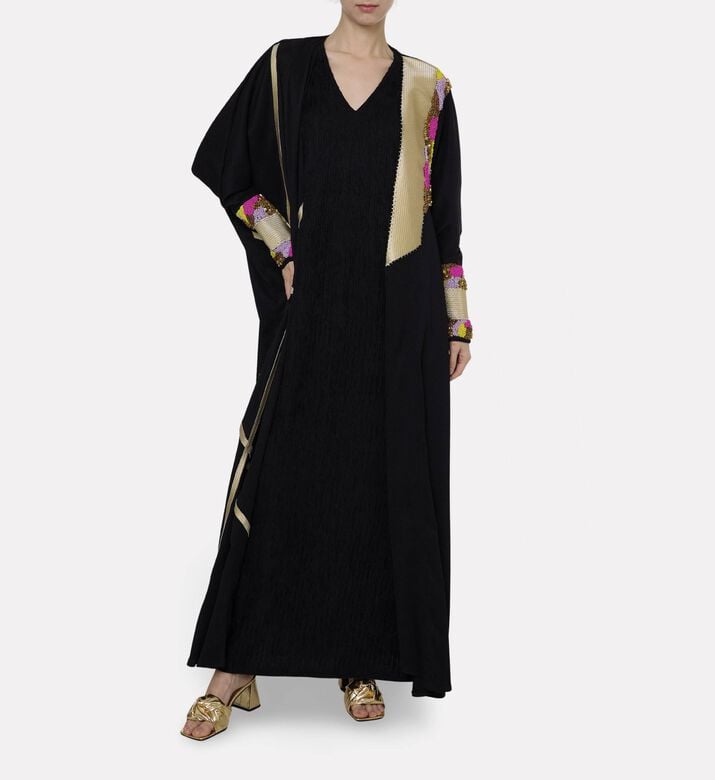 Dalia Al Azem Diagonal Gold-taping Geometric Beading Abaya, Model View