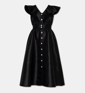 Poca and Poca V-neck Button-front Flounces Midi Dress, Black, M, Packshot View