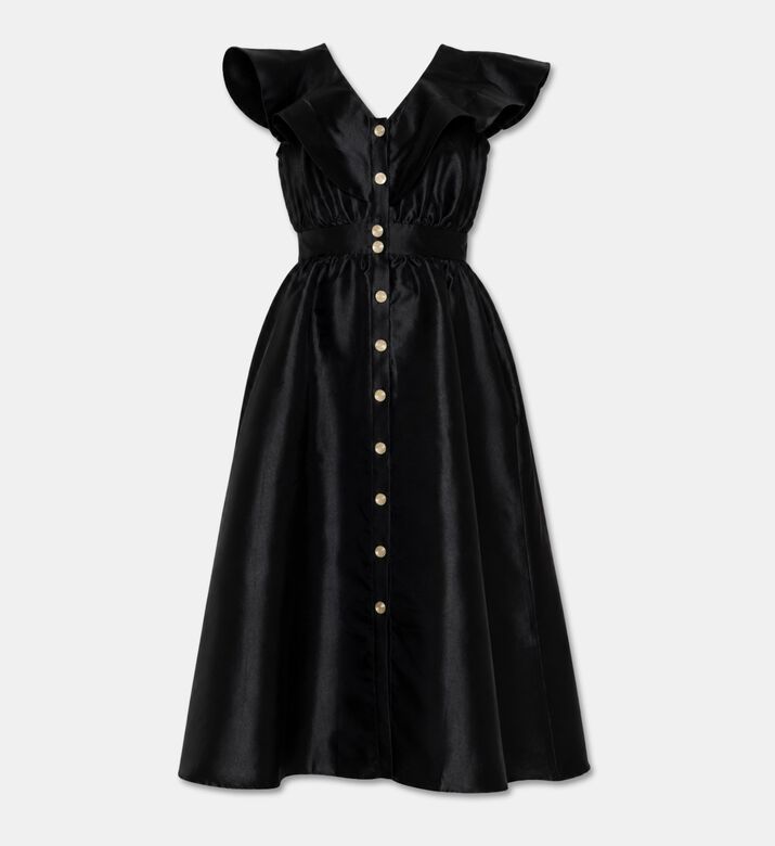 Poca and Poca V-neck Button-front Flounces Midi Dress, Black, M, Packshot View
