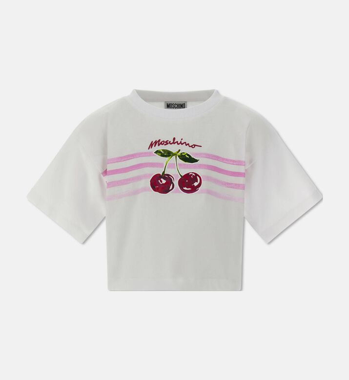 Moschino BKT Cherry-print Cropped T-shirt, White, 12y, Packshot View