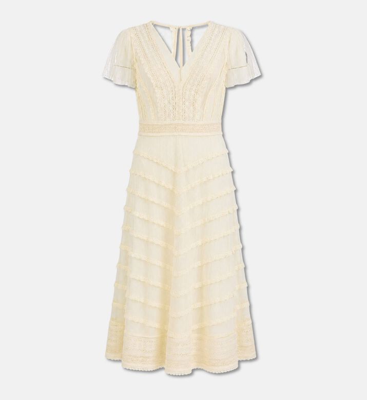 Luisa Spagnoli Lace-trim Tiered Midi Dress, Cream, 46, Packshot View