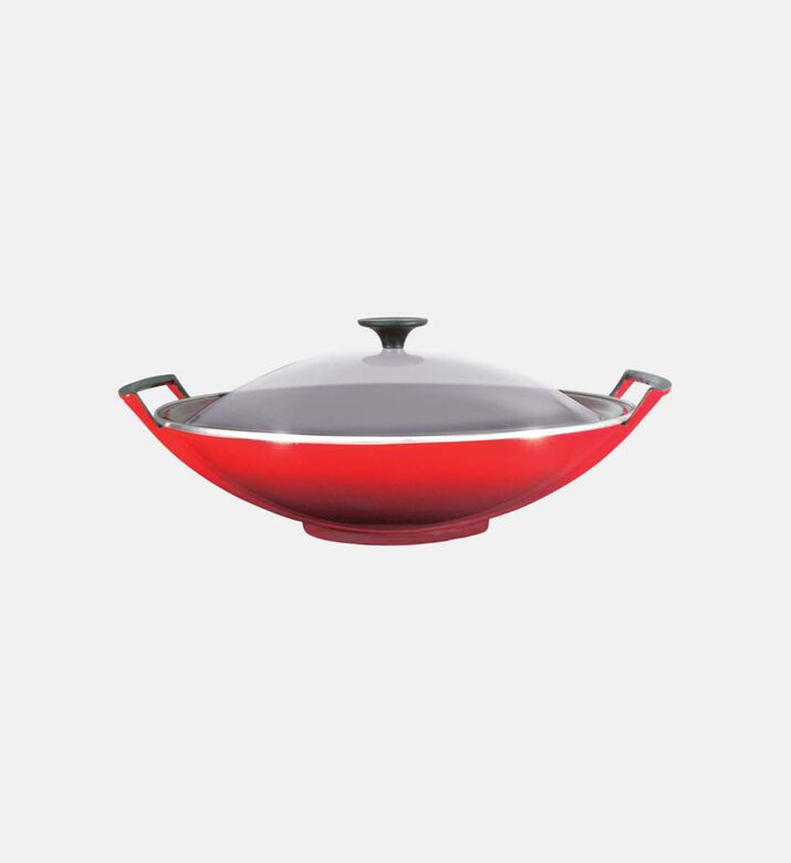 Le Creuset Cast Iron Glass Lid Wok, Red, 36-cm, Packshot View