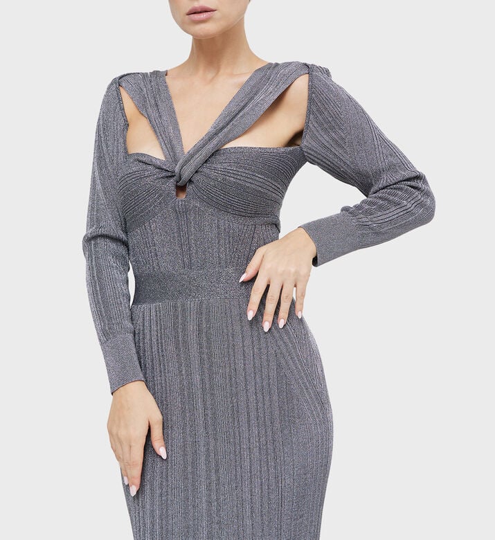 Variegated Rib Draped Metallic Gown Variegated Rib Draped Metallic Gown