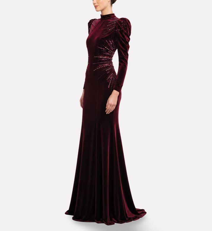 Michael Cinco Velvet Embellished High-neck Evening Dress, Model View