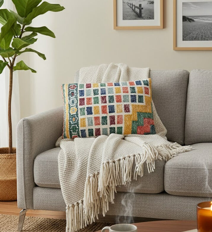 Home Deco and More Block Embroidered Printed Cushion, Packshot View
