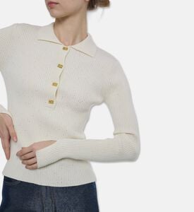 Ganni Ornate Gold-tone Buttons Ribbed Knit Top, Off-white, M, Model View