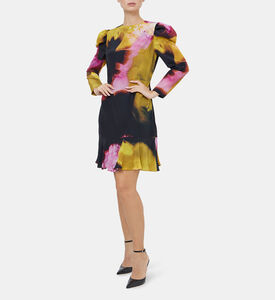 Chine Blur-print Long Puff-sleeve Mini Dress