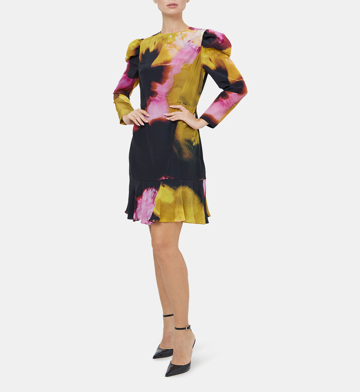 Chine Blur-print Long Puff-sleeve Mini Dress Chine Blur-print Long Puff-sleeve Mini Dress