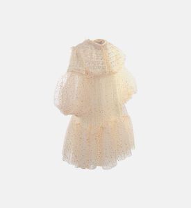 فستان ذهبي تول مخيط يدويًا ومطرز بخرز