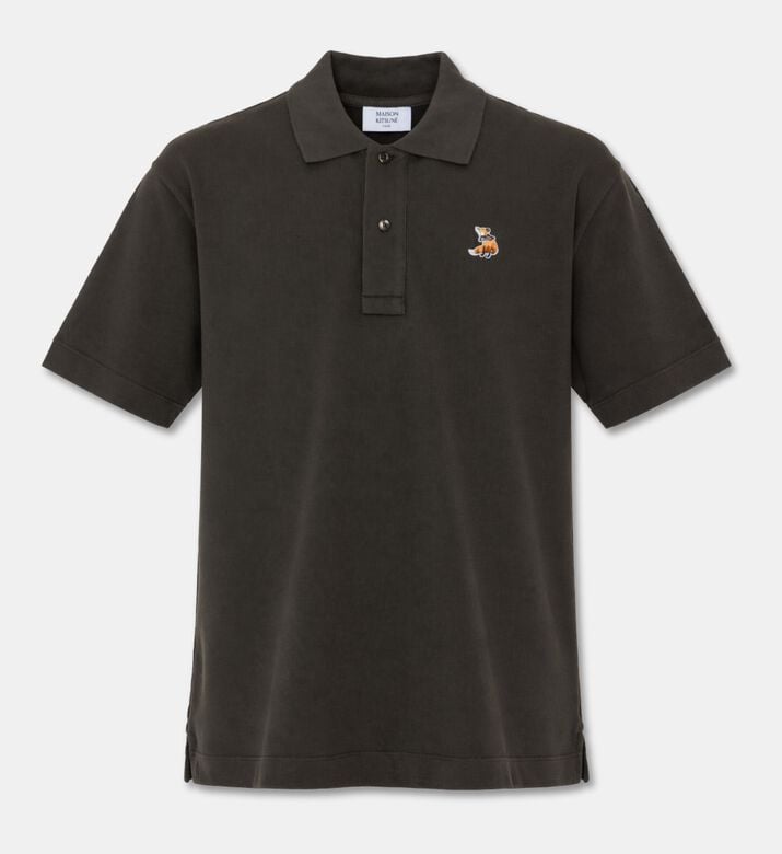 Maison Kitsune Embroidered Patch Pique Knit Polo Shirt, Brown, L, Packshot View