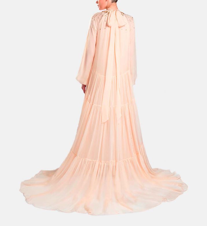 Michael Cinco Long-sleeve High Neck Flared Dress, Peach, Model View