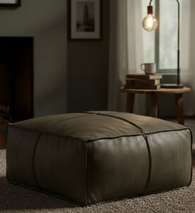 Home Deco and More Elmer Suede Leather Square Pouf, Green, Packshot View