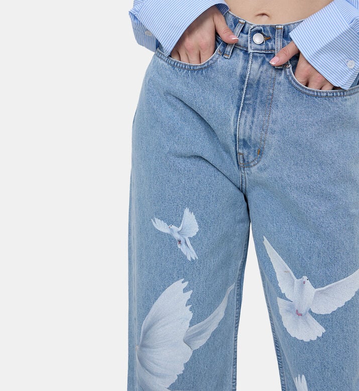 Doves Print Baggy Cotton Denim Jeans Doves Print Baggy Cotton Denim Jeans