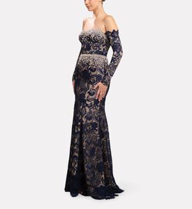 Michael Cinco Off-shoulder Lace Long Dress, Model View