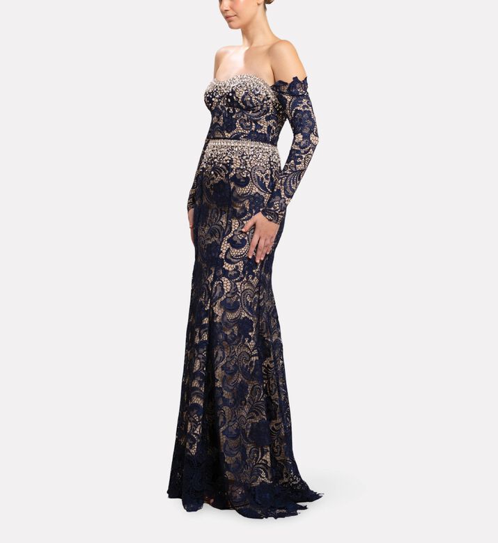 Michael Cinco Off-shoulder Lace Long Dress, Model View