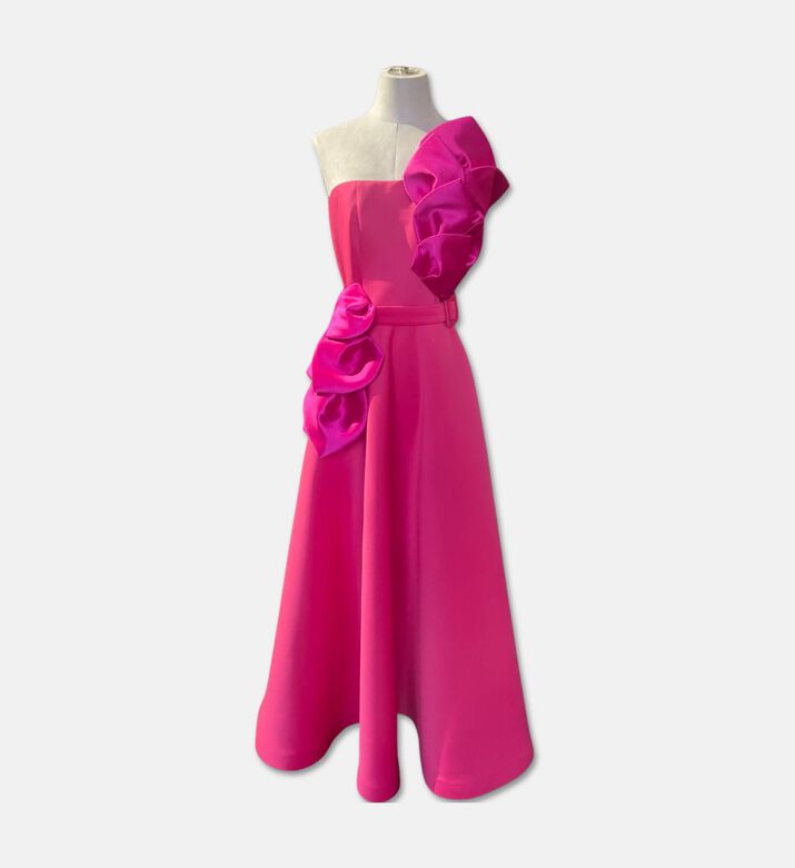 Savanna One-shoulder Leaf Appliqu&eacute; Maxi Dress, Pink, S, Packshot View