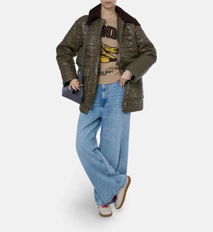 Ganni Contrast Collar Floral-quilted Jacket, Olive, L-xl, Model View